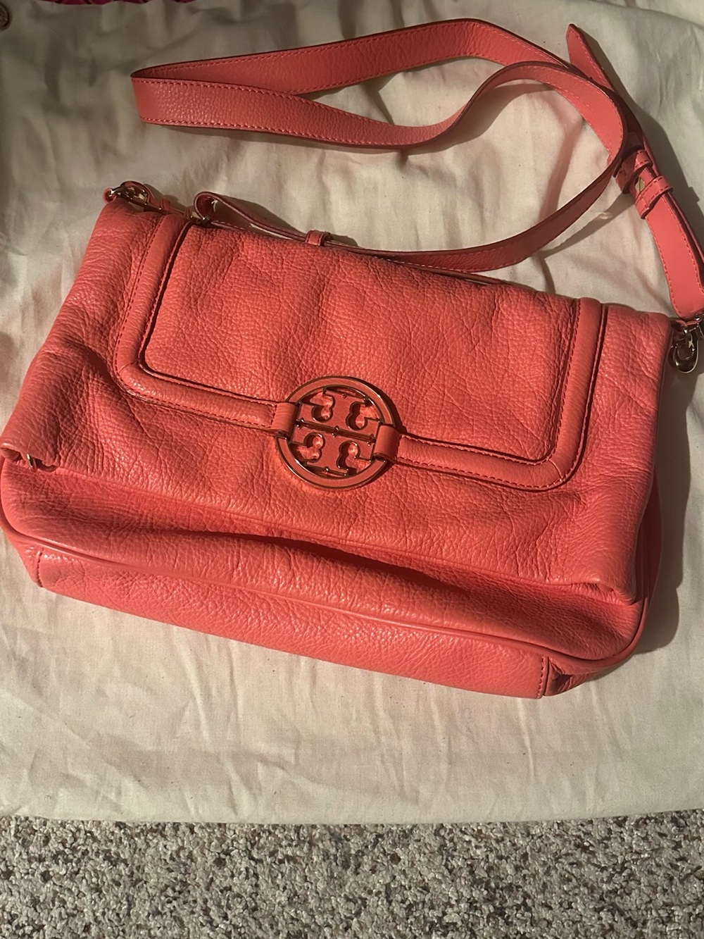 Tory Burch Coral Leather Crossbody with Logo Medallion